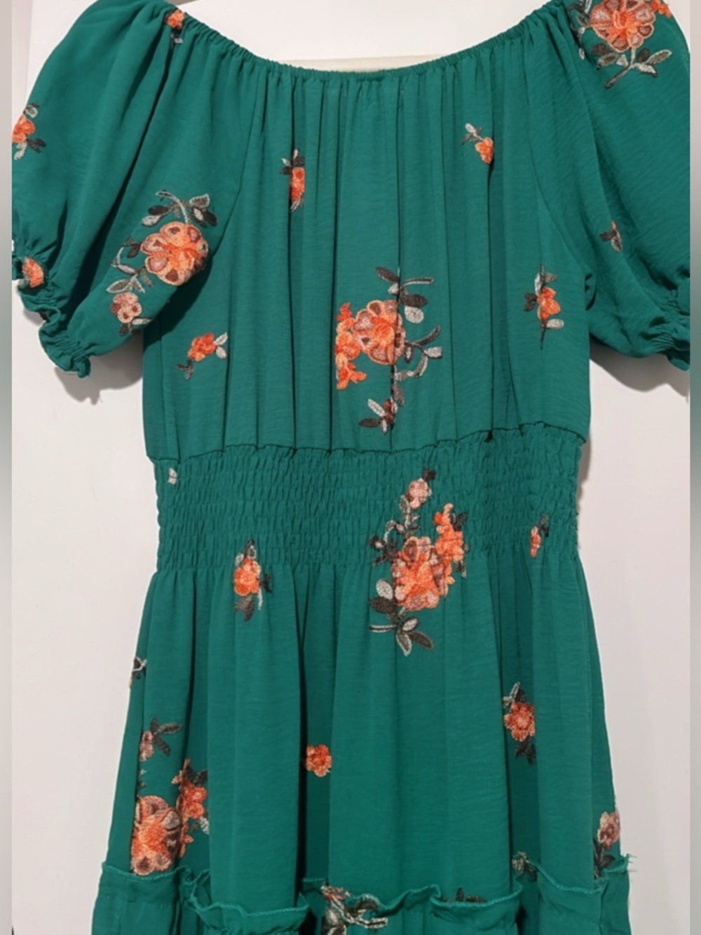 NWT Kindred Anthropologie Green Embroidered Maxi Dress Boho Off Shoulder - Picture 11 of 11